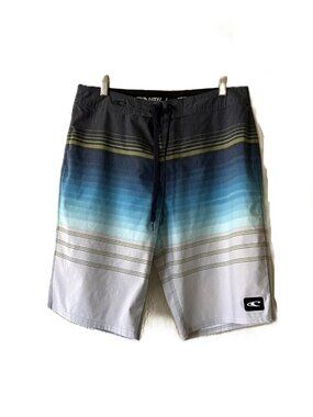 O'Neill Men's Striped Board/Surf Shorts Size 31 | Blue Gray Gradient Drawstring